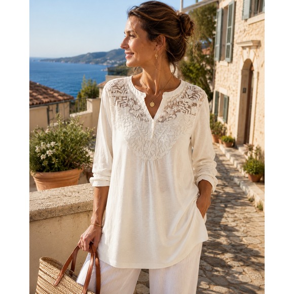 Style & Co Tops - Style & Co Womens XL Botanic Ivory Lace Trim Embroidered Tunic Top